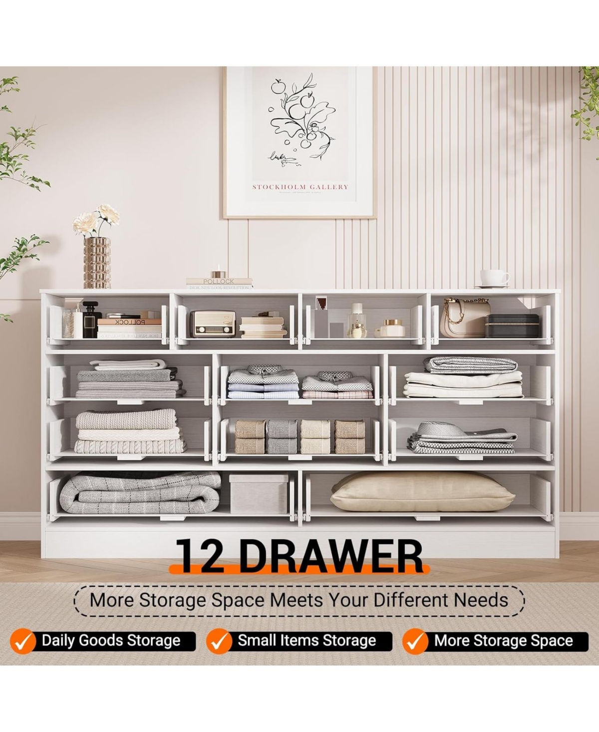 gaomon 12 Drawer Wood Dressers for Bedroom, Wooden Adult Modern Tv Stand Dresser 65 inch Tv, 61'' Wide Chest of Drawers