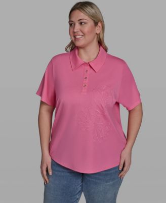 Plus Size Floral Polo Short-Sleeve Top