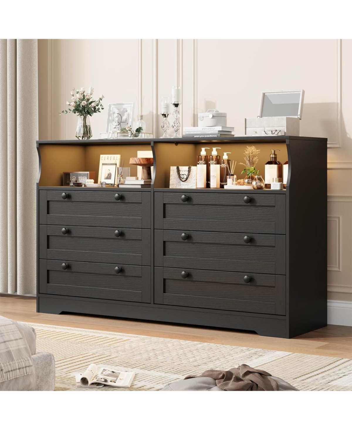 gaomon Dresser for Bedroom with 6 Drawers, 55" Wide Wooden Led Lights & Power Outlet, Modern Large Tv