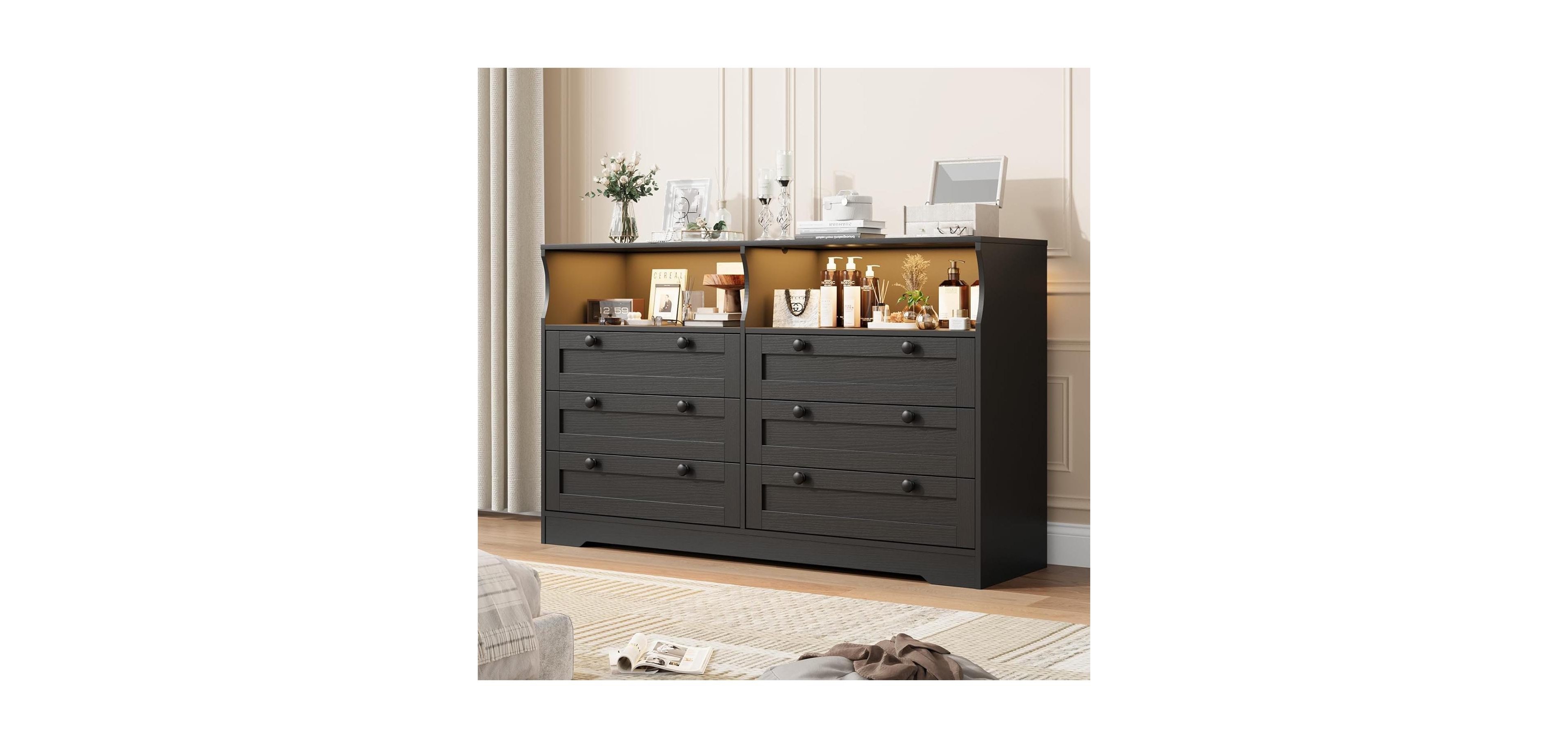 gaomon Dresser for Bedroom with 6 Drawers, 55" Wide Wooden Led Lights & Power Outlet, Modern Large Tv