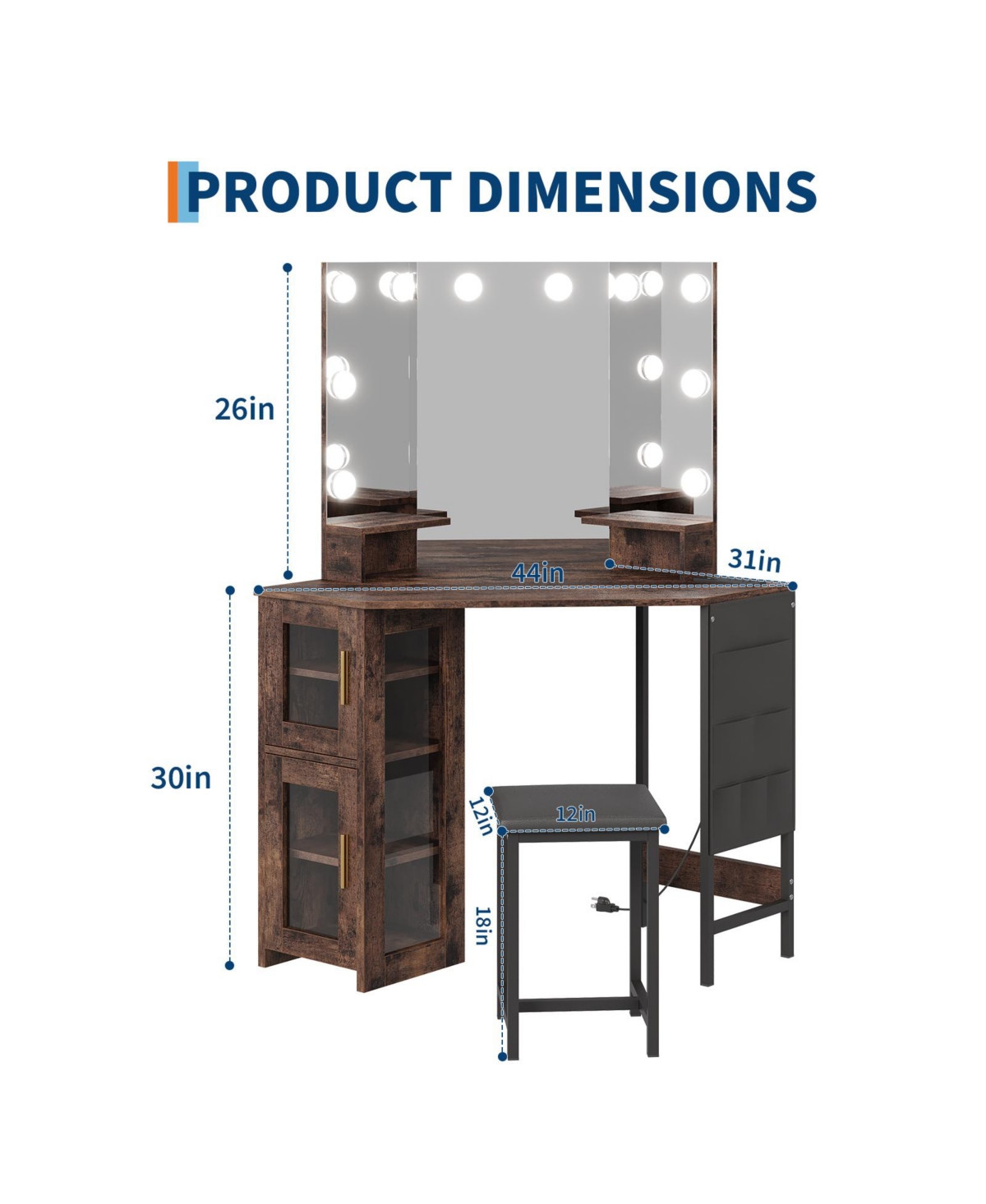 Gaomon Corner Vanity Desk Led Lighted Mirror Charging Station and Storage Cabinet for Bedrooms, Apartments
