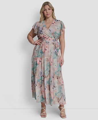 Plus Size Ruffle Short-Sleeve V-Neck Tie Waist Maxi Dress