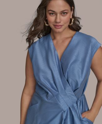 Plus Size Shantung Fit And Flare V-Neck Wrap Dress