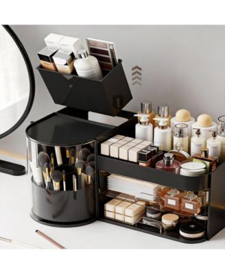 Elegant Makeup Organizer with Rotating Brush Holder & Drawers for Vanity Storage