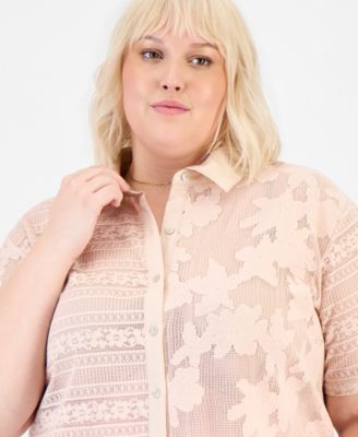 Trendy Plus Size Lace Short-Sleeve Camp Shirt