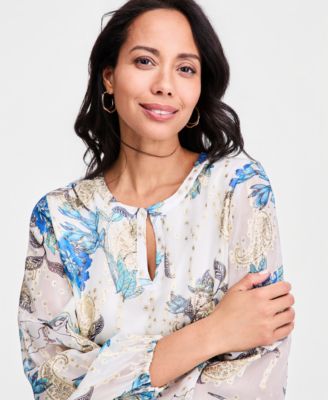 Women's Printed Clip-Dot Keyhole-Neck Blouse