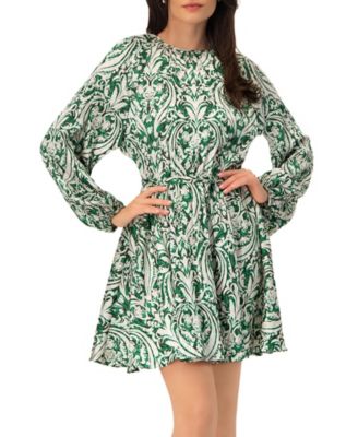 Women's Baroque Print Mini Dress with Belted Waist