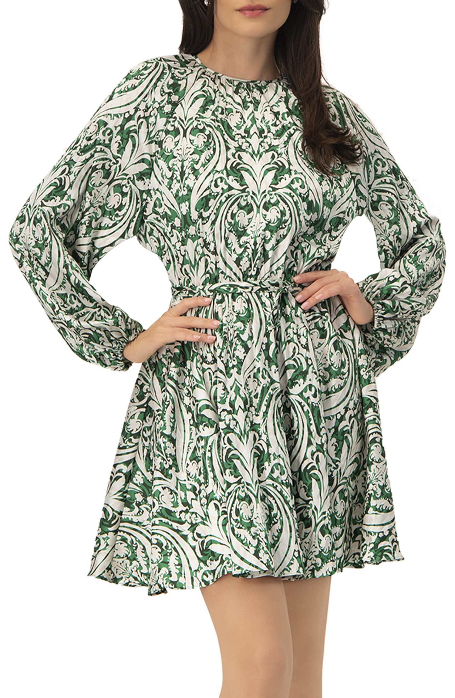 Women's Baroque Print Mini Dress with Belted Waist