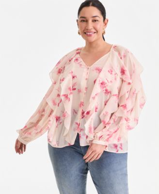 I.N.C. International Concepts - Plus Size Printed V-Neck Ruffled Blouse