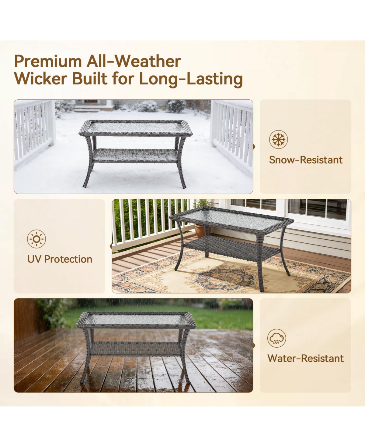 Gymojoy ArcLine Rectangle Wicker Outdoor Coffee Table with Tempered Glass Top and Storage Space