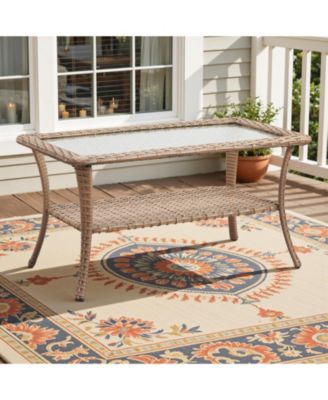 ArcLine Rectangle Wicker Outdoor Coffee Table with Tempered Glass Top and Storage Space