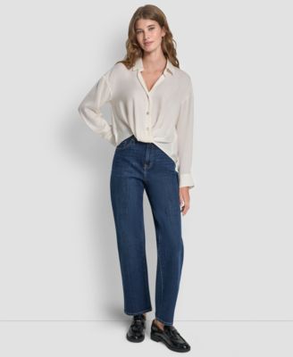 Women's Long-Sleeve Rhinestone Button-Front Shirt With Twist Hem