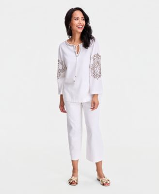 Women's Beaded Split-Neck Top & Cropped Drawstring Wide-Leg Pants, Macy's Exclusive, 