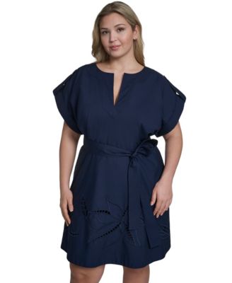 Plus Size Tie Waist Cap-Sleeve Shift Dress
