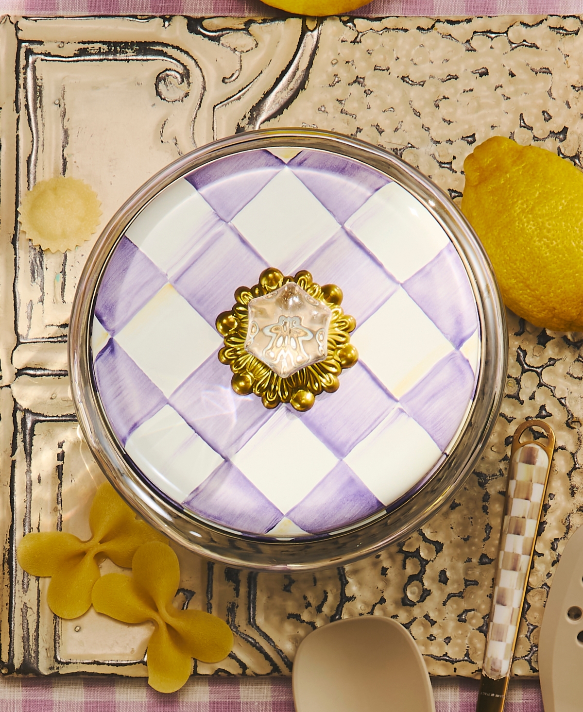 MacKenzie-Childs Violet Check Large Handmade Kitchen Canister