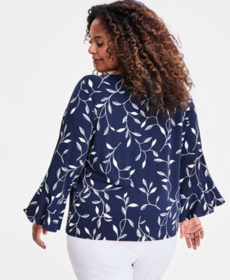 Plus Size Winding Leaves Flare Sleeve Boat Neck Top
