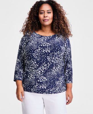 Plus Size Printed Jacquard 3/4-Sleeve Top