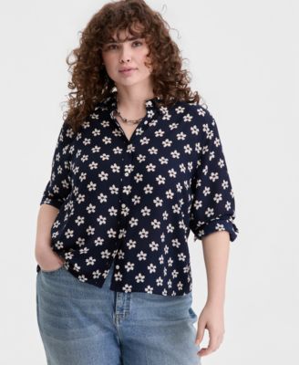 Trendy Plus Size Bloom Print Cropped Shirt