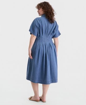 Trendy Plus Size Denim Pleated Shirtdress