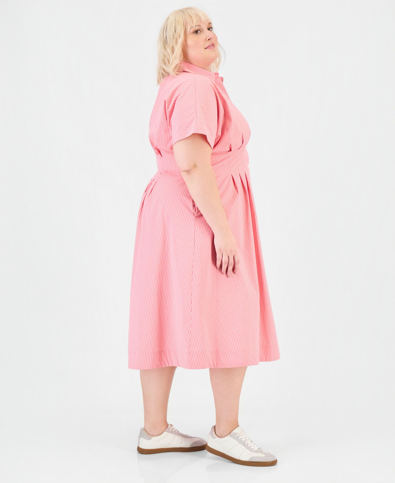 Trendy Plus Size Pinstriped Pleated-Waist Midi Shirtdress