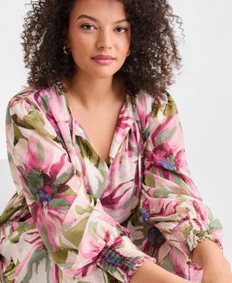 Plus Size Bubble-Sleeve Tie-Waist Tiered Dress