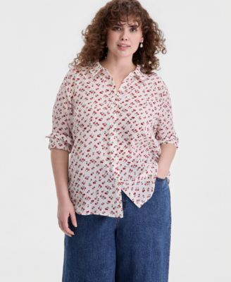 Trendy Plus Size Cherry Print Silky Shirt