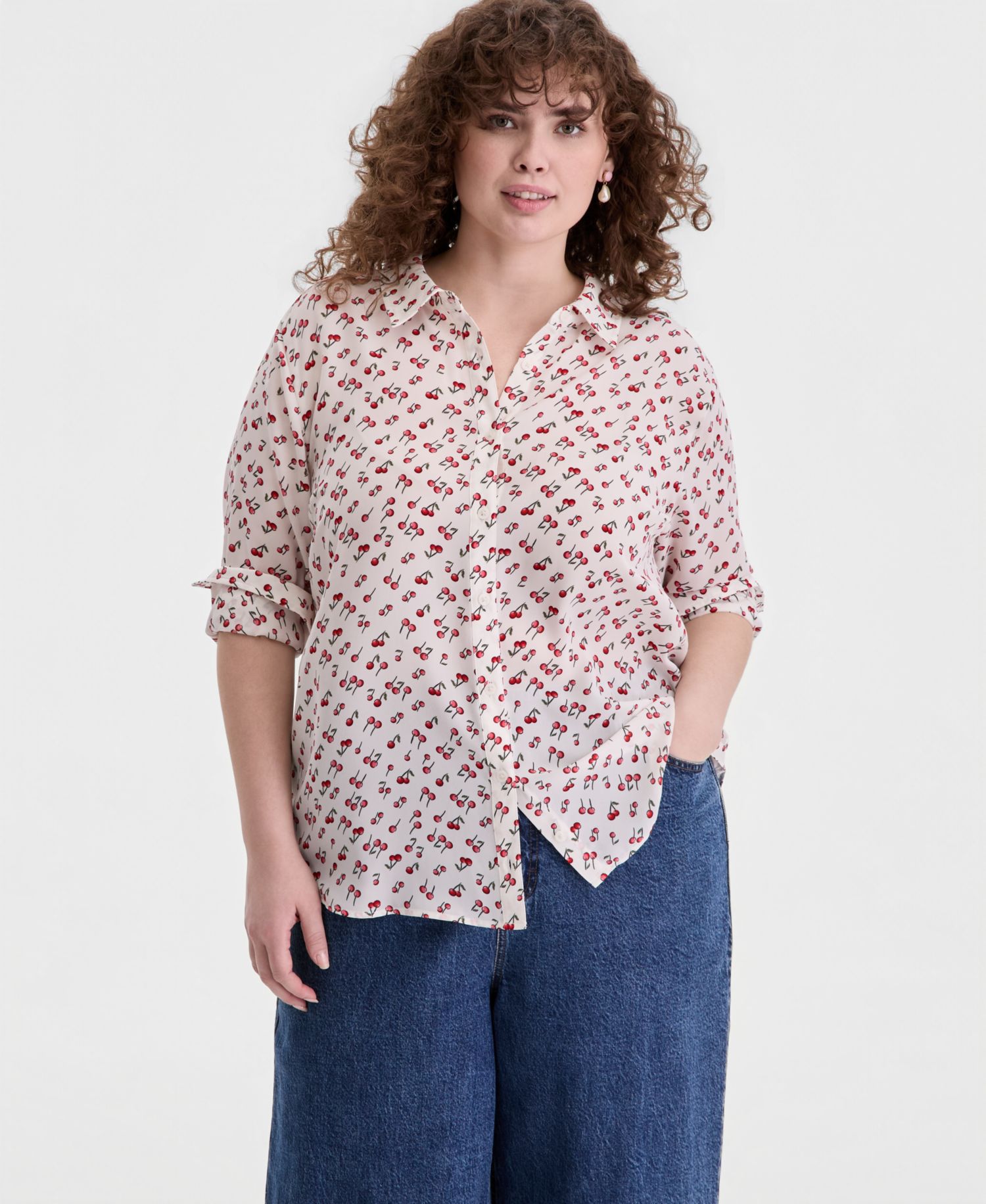 Trendy Plus Size Cherry Print Silky Shirt