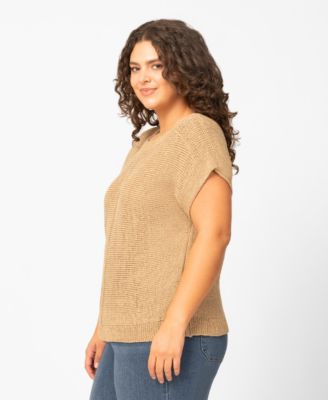 Plus Size Button Back Tape Yarn Short-Sleeve Knit Sweater
