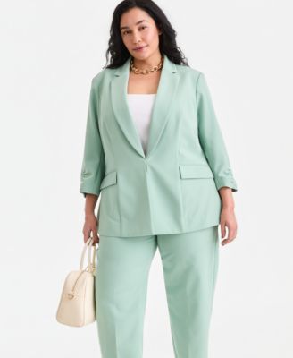 Plus Size Kiss-Front 3/4-Sleeve Blazer & Straight-Leg Pants