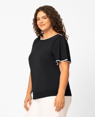 Plus Size Elbow Flare-Sleeve Boat Neck Sweater Knit Top