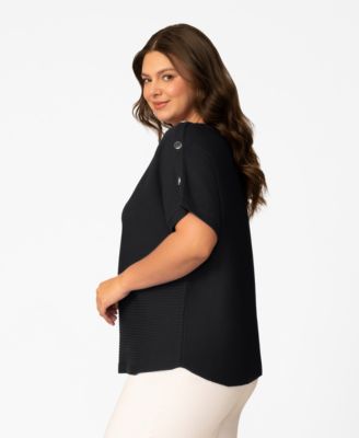 Plus Size Vertical Rib Button Short-Sleeve Sweater