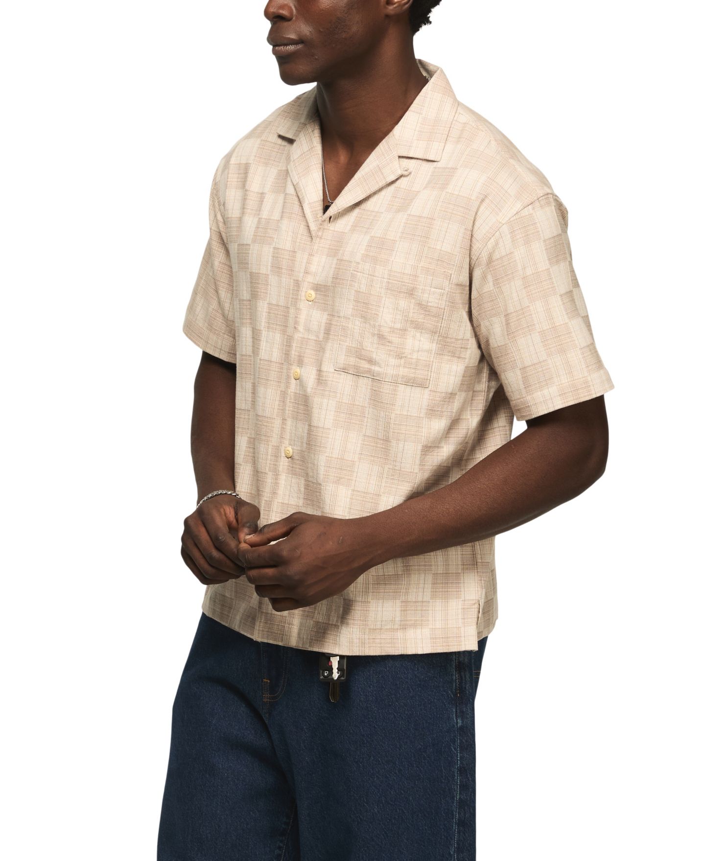 Мужская рубашка Lucky Brand Checkered Untuck Camp Collar, цвет: Бежевый — фото 2