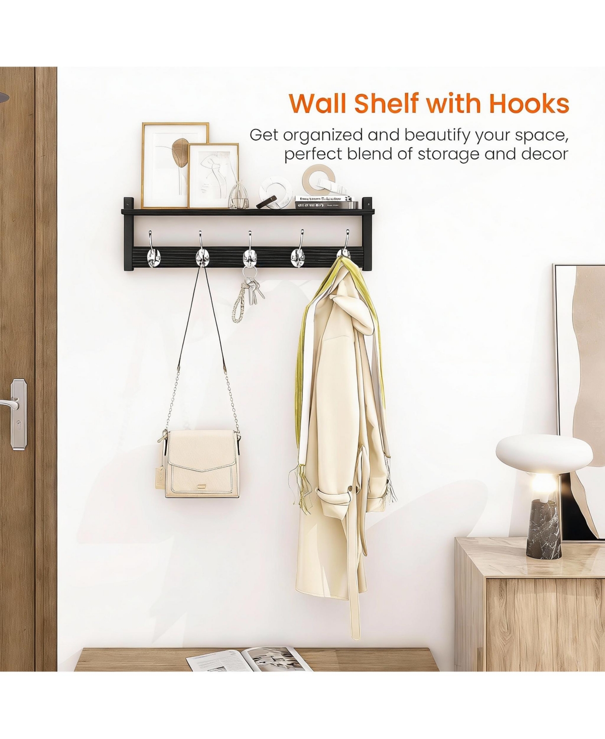 Yigii Black Oak Finish Coat Rack with Hooks and Shelf