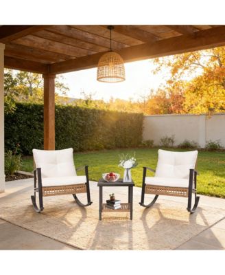 Pulled rattan Rocking chair 3 piece Set Outdoor Patio Set Lounge Chairs Thick Cushions for Patio
