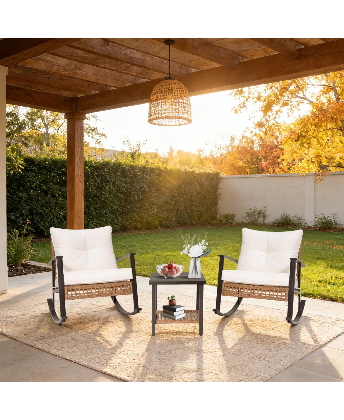 Decksplore Pulled rattan Rocking chair 3 piece Set Outdoor Patio Set Lounge Chairs Thick Cushions for Patio