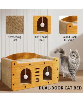 Elevated Wooden Cat Bed & Condo with Scratching Pad & Interactive Toys