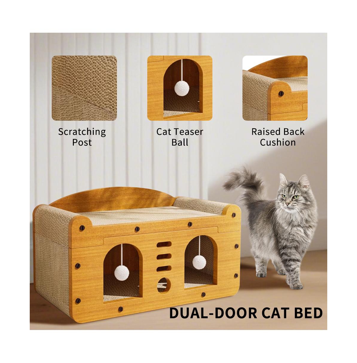 Aostirmotor Elevated Wooden Cat Bed & Condo with Scratching Pad & Interactive Toys