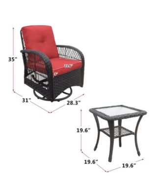 3 Piece Outdoor Wicker Rocker Swivel Patio Bistro Conversation Set with Glass Top Side Table Red