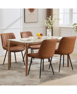 Set of 2 Modern Faux Leather Upholstered Dining Chairs, Linear Design Side Seating with Sturdy Metal Legs