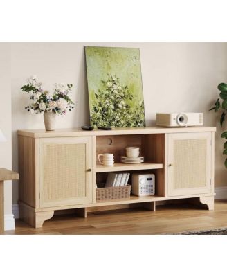 Rattan TV Stand for 65 in TV, Boho Entertainment Center with Cabinets & Open Shelves