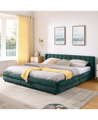 Streamdale King Size Upholstered Bed Frame with Chenille Fabric Headboard - Blue/Green