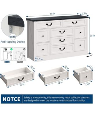 Farmhouse Dresser for Bedroom 9 Drawer Dresser with Charging Station, 54'' Wood Chest of Drawers with Rustic Handles