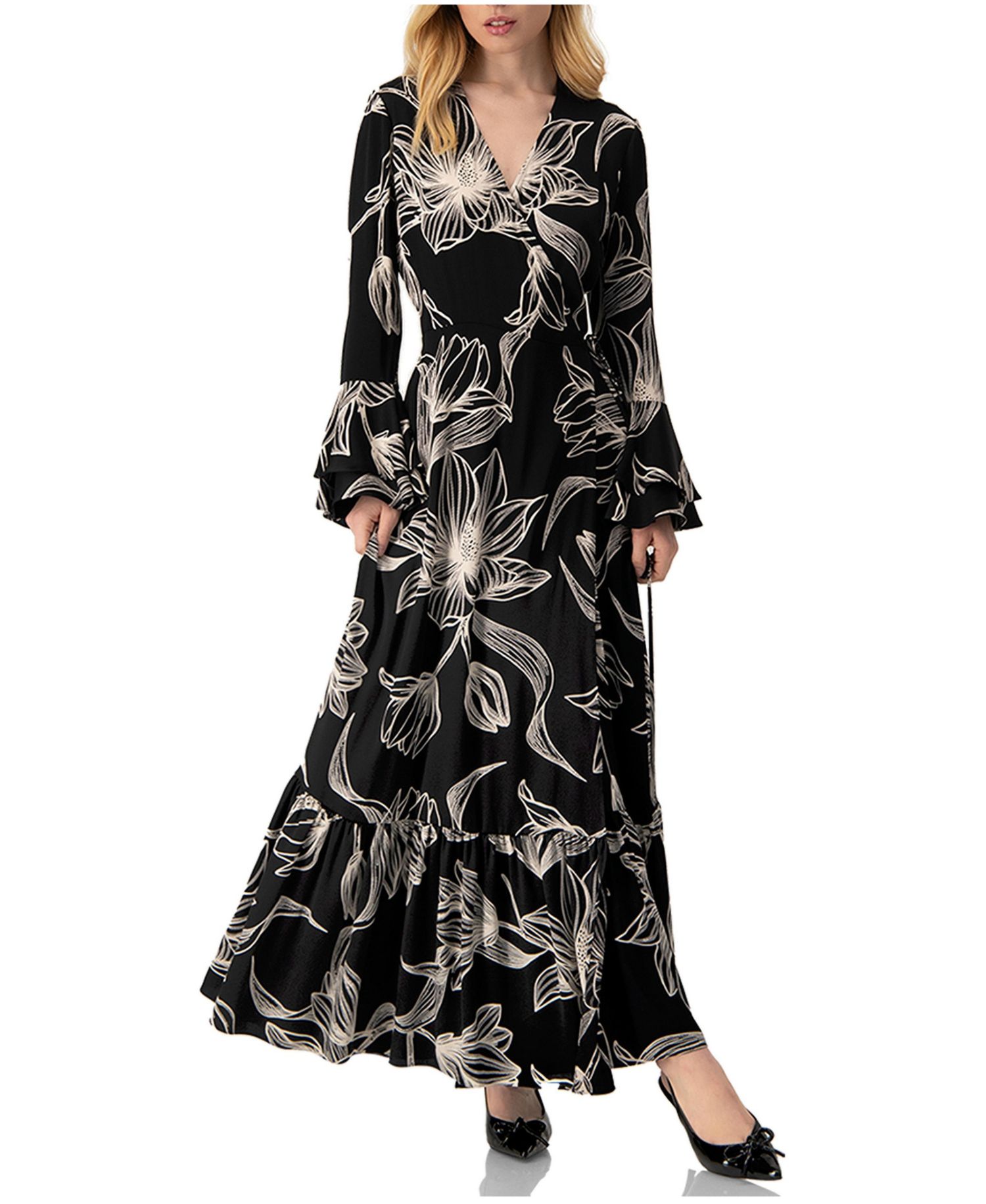 Women's Long Black Dress with Floral Print