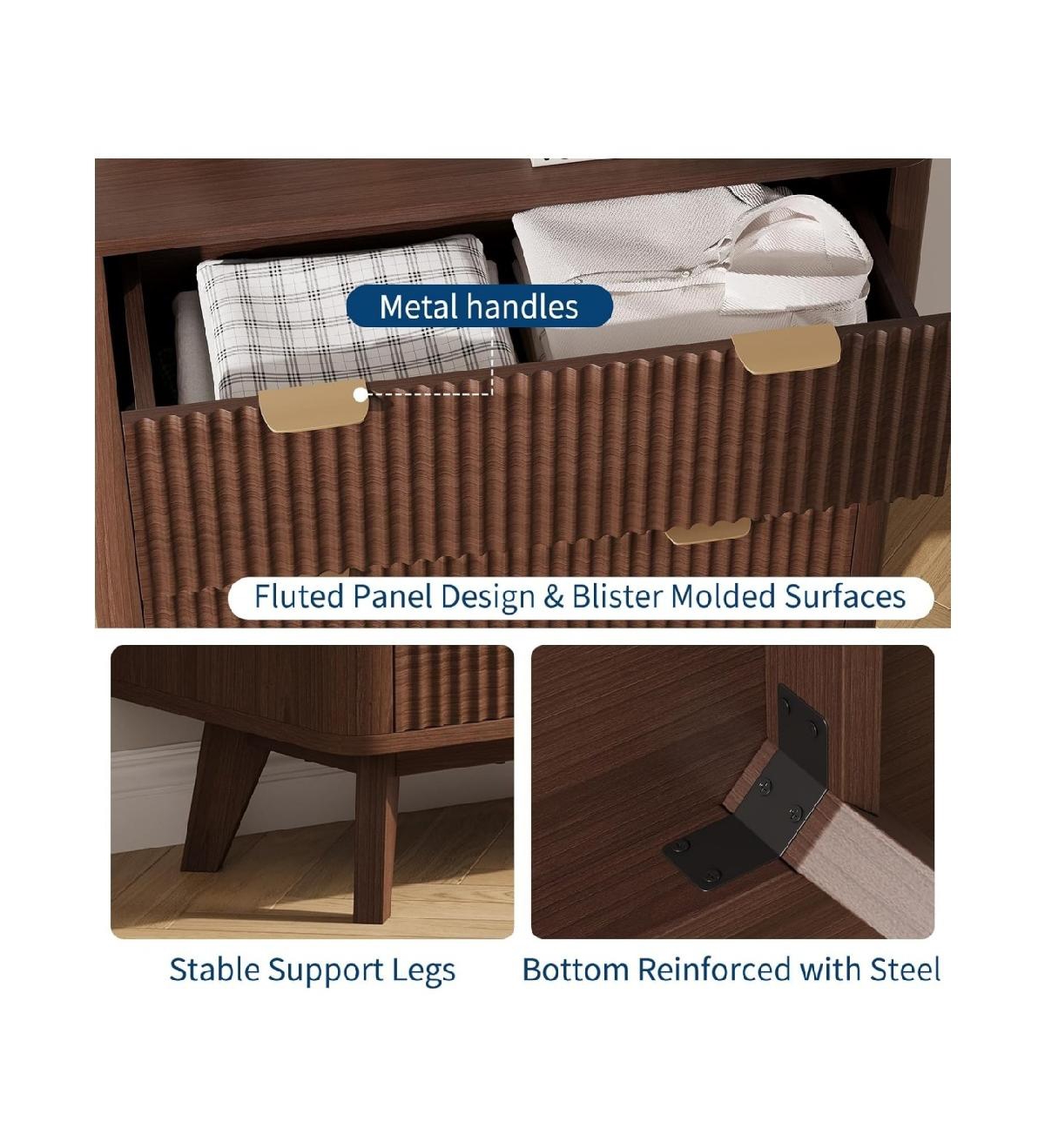 gaomon 32 Inch Walnut Modern Fluted Nightstand, 3-Drawer Bedside Table with Faux Marble Top