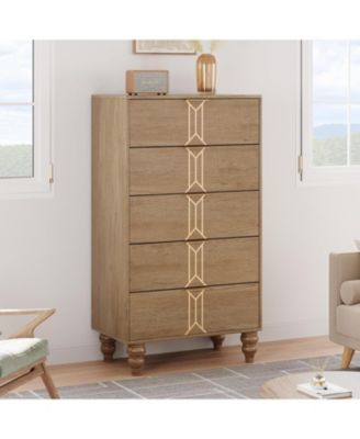 and Tall Wooden 5 Drawer Dresser with Vintage Pattern Design, Modern