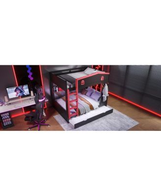  Queen Bunk Bed w/Trundle & Storage Shelves, Solid Wood, Black&Red