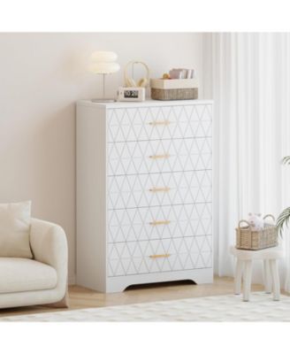 5 Drawer Tall Wood Dresser for Bedroom, Wooden Chest of Drawers with Gold Handles for Closet, Modern Storage Cabinet