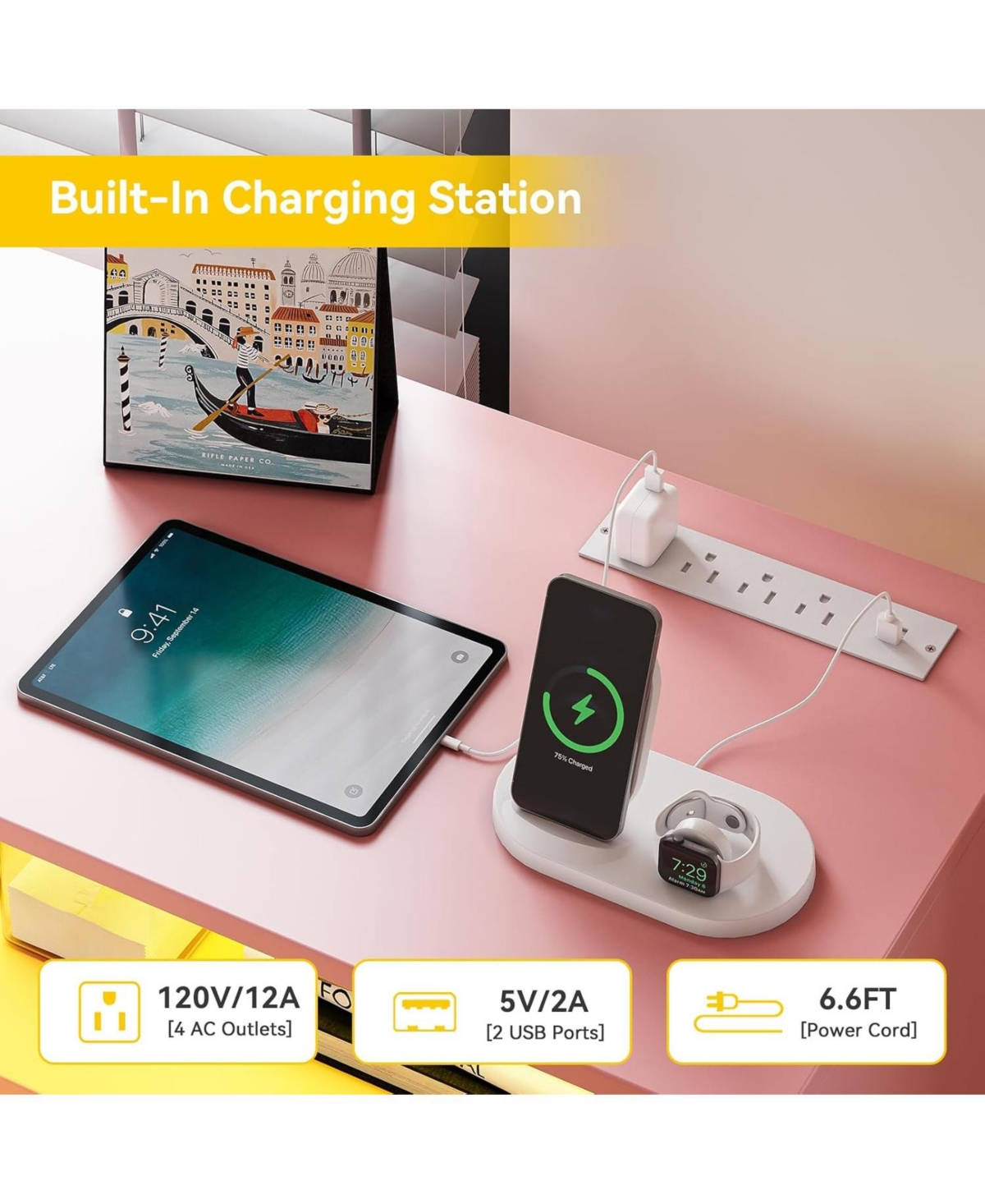 Gaomon Dresser with 7 Drawers for Bedroom, Wooden Long Led Lights and Charging Station, Large Capacity