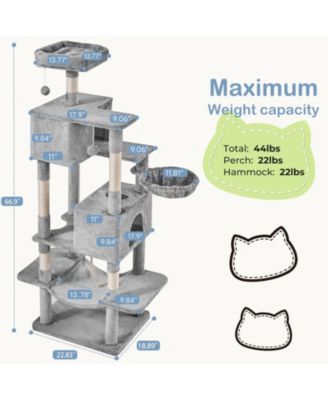 66in Cat Tree Tower: Large Multi-Cat Climbing, Extended Platform, Hammock, Pet House