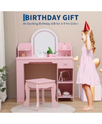 Pink 2-in-1 Kids Vanity Set, Lighted Mirror Table with Stool, Bookshelf & Makeup Palette Kit